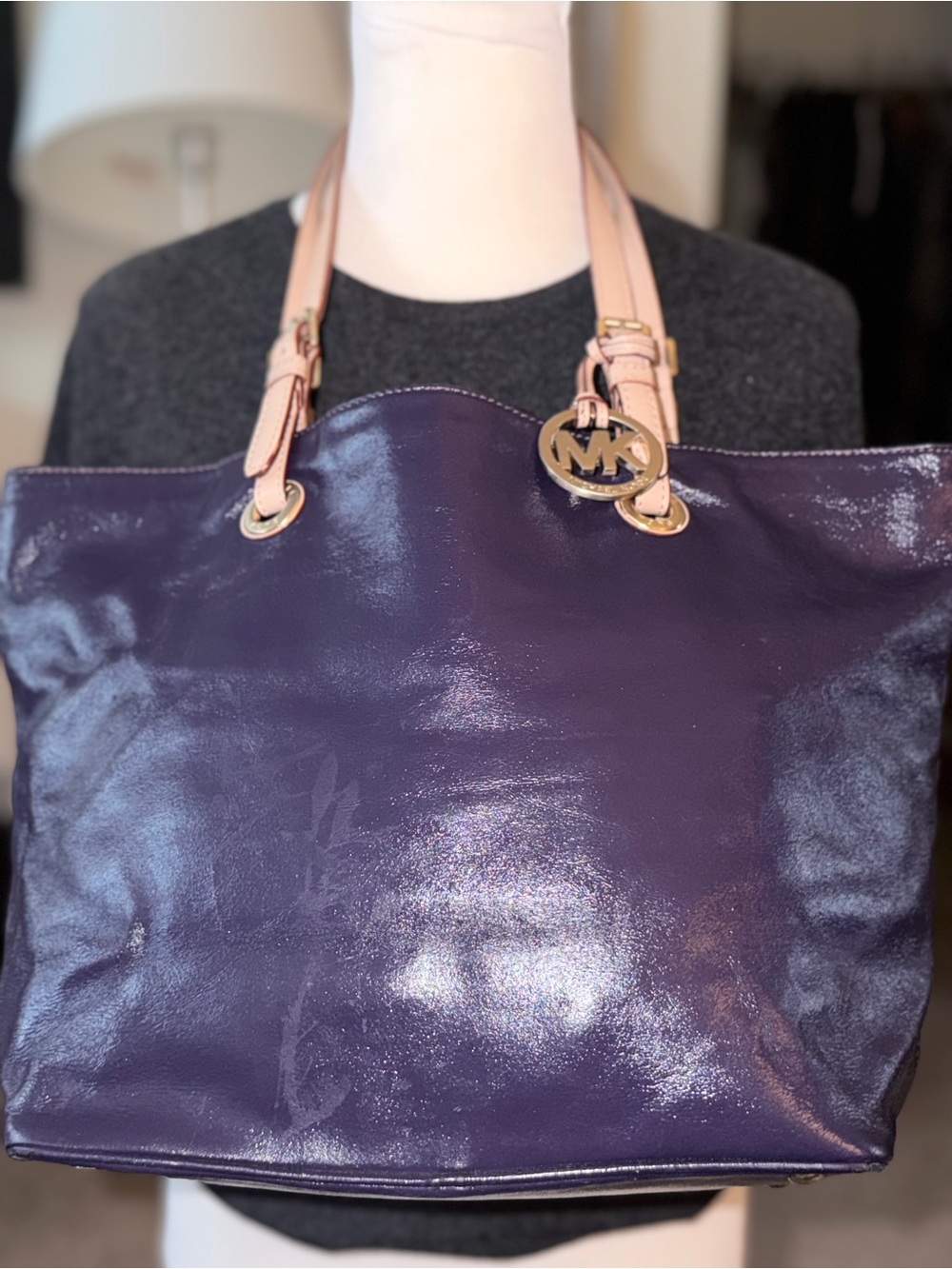 Michael Kors Shiny Purple Patent Tote with Blush Handles